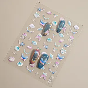 5D relief ocean theme nail art stickers with jellyfish, shells, and starfish for DIY manicure.