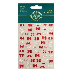 5D in reliëf nagelstickers met rode strikken en witte parels voor elegante nail art styling
