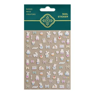 5D gepraegte niedliche Cartoon Hasen Schleifen Nagelsticker fuer trendiges Nageldesign.