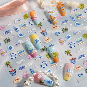 5D geprägte Sommer Strand Nagelkunst Aufkleber, bunte Urlaubs niedliche Klebeabziehbilder.