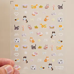 5d embossed cute cat nail stickers lovely cartoon kitten bow heart nail art decals