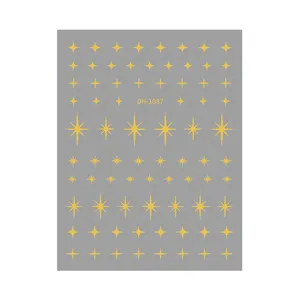 Gold star nail stickers detail view, 3D foil self-adhesive star nail art decals sheet design.