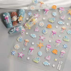 5D relief ocean nail stickers with jellyfish, starfish and fish for cute manicure DIY designs.