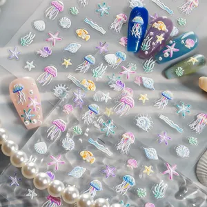 5D embossed ocean nail stickers featuring jellyfish, starfish, shells, and fish for stunning manicures.