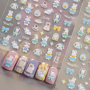 5D geprägte süße Kaninchen Nagelsticker mit Schleifen und Cartoon Motiven für stilvolle Maniküre.