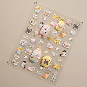 5D embossed cute cat nail stickers set, trendy cartoon feline nail art decors for DIY manicure.