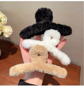 Autumn winter large plush hair claw clips set, soft fluffy shark clips for elegant hairstyles.