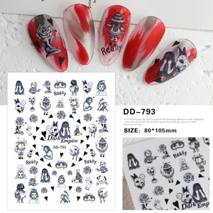 Dark gothic 3D nail art stickers sheet, cute cartoon girl design, ultra-thin self adhesive.