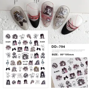 Detailed view of 3D gothic anime girl nail stickers sheet with cute dark character designs.