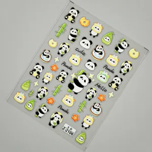 5D embossed cartoon panda nail stickers with cute bamboo designs, self-adhesive decal details.