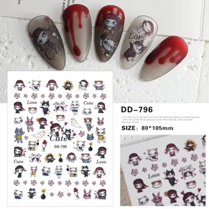 Detail view of 3D dark cute little girl and cat nail art stickers sheet with phototherapy effect.