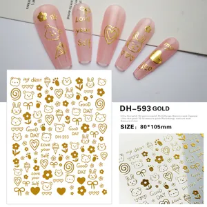 3D gold cartoon nail stickers, cute bear rabbit heart decals, ultra-thin manicure art.