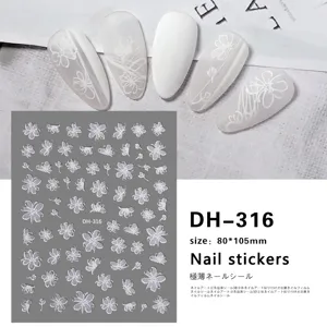 Detailed view of 3D white floral nail art stickers sheet with elegant design samples.