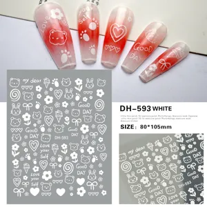 Ultra-thin 3D white nail art stickers featuring cute cartoon designs, bows, bears, and hearts.