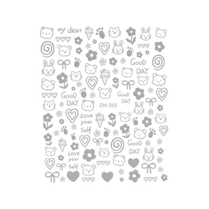 Detailed view of cute cartoon nail art stickers sheet featuring lovely bear and flower designs.