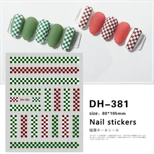 Green and red checkerboard 3D nail art stickers, DIY self-adhesive manicure decals sheet.