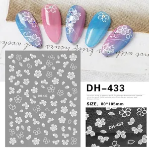 Close-up detail of 3D cherry blossom nail art stickers, ultra-thin pattern sheet and effect.