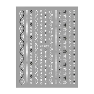 3D nail art stickers sheet with metallic stripes, stars, and dots for DIY manicure design.