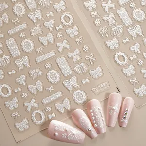 5D Embossed Relief Lace Bow Nail Art Stickers Transparent White Pink Cute French Style Manicure Decals DIY Nail Decor