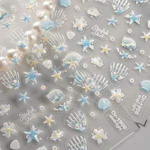 5D Autocollants pour Ongles Coquillage Étoile de Mer Relief DécalcomANIES Holographiques Thème Océan Décorations Nail Art pour Femmes
