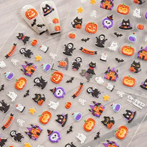 Autocollants d'ongles gaufrés 5D Halloween citrouille fantôme chat autocollants manucure