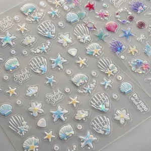 Stickers d'ongles coquillage en relief 5D autocollants manucure étoile de mer holographique