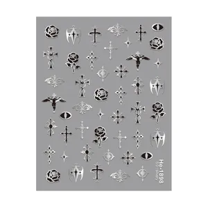5D embossed silver gothic cross nail art stickers, relief metal nail decals, 1 sheet.