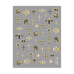 5D Embossed Gold Silver Gothic Cross Rose Nail Art Stickers Gothic Religious Decals Nail Design Manicure Accessories