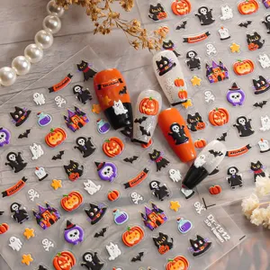 5D Autocollants d'ongles Halloween relief fantôme citrouille chauve-souris décors