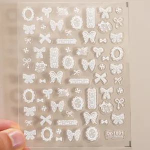 5D embossed white lace bow nail stickers delicate floral nail art decals for manicure design