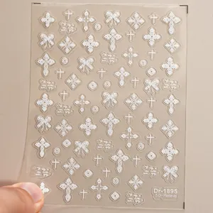 5D embossed nail stickers featuring white lace bows and gothic cross patterns for DIY art.