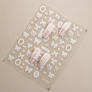 5D embossed nail stickers lace bow pearl design for stunning DIY manicure art styles detail.