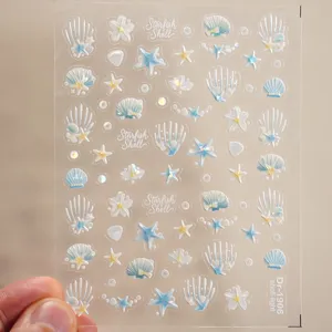 Autocollants d'ongles 5D en relief coquillage et étoile de mer manucure holographique