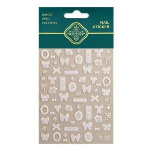 5D embossed white lace bow nail stickers set, elegant 3D relief nail art decals for DIY manicure.