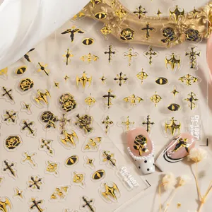 5D embossed gold gothic nail stickers featuring cross and rose designs for chic manicures.