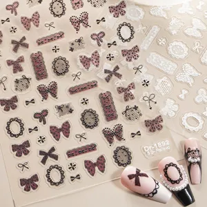 5D embossed lace bow nail art stickers detail, exquisite pattern design for manicures.