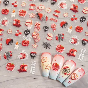 Adesivi per unghie di Halloween goffrati 5D con simpatici motivi di mele e ragnatele per manicure.