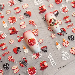 Adesivi per nail art con mele di Halloween goffrati 5D, decalcomanie per unghie gotiche.