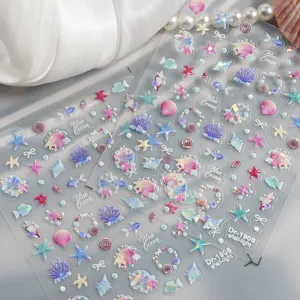 Autocollants d'ongles d'océan gaufrés 5D holographiques coquillage étoile de mer manucure déco