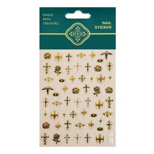 5D embossed gold gothic cross nail stickers with rose and wing patterns for DIY nail art.