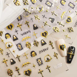 5D embossed gold black nail art stickers gothic cross skull decals for manicure DIY design