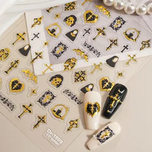 5D embossed gold gothic nail stickers featuring crosses and skulls for dark aesthetic art.