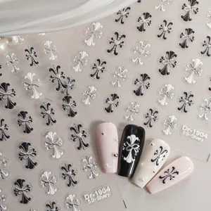 5D adesivi per nail art croce argento nero rilievo foglio per manicure 1 pz