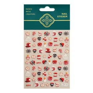 Autocollants d'ongles d'Halloween gaufrés 5D avec motifs de pommes effrayantes et toiles d'araignée.