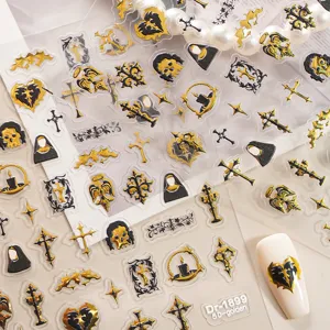 5D embossed gold foil gothic cross nail art stickers, luxury hollow star skull manicure decals.