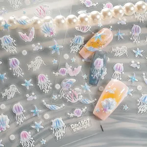 Autocollants d'art d'ongles de méduse de coquille d'océan gaufrés 5D autocollants de thème marin