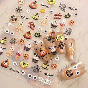 Adesivi per unghie 5D di Halloween con fantasmi spettrali e zucche per decorazioni per nail art.