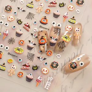 Autocollants d'ongles d'Halloween gaufrés 5D avec crânes mignons et desserts pour nail art.