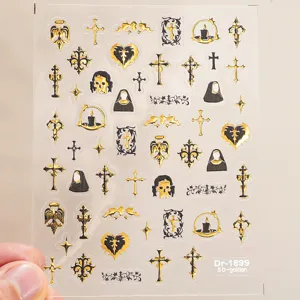 5D embossed gothic nail stickers gold black cross skull nail art decals for Halloween
