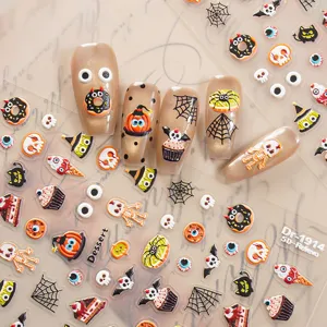 Stickers d'ongles Halloween 5D relief avec fantômes, squelettes, citrouilles et toiles d'araignées.